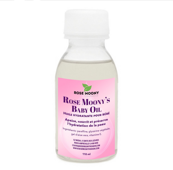 Fabriquée en France avec de l'huile minérale pure, de la glycérine végétale, du gel d'aloe vera naturel et de la vitamine E. Votre peau sera préservée de la déshydratation grâce à la Rose Moony's Baby Oil.
