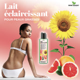 Lait éclaircissant pour les peaux grasses, aux extraits 100% naturels de tournesol et de pamplemousse.