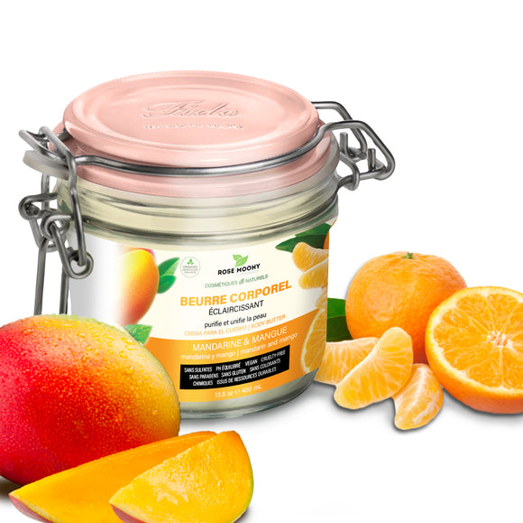 Cette formule riche et crémeuse est fortifiée avec un mélange exotique d'extrait de mandarine, de beurre de mangue raffiné, d'huile de tournesol, de beurre de karité et de beurre de cacao qui laisseront votre peau douce et éclatante.