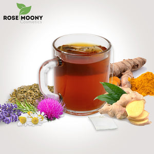 tisane règles douleurs Achillée millefeuille, fenouil, gingembre, chardon-Marie, curcuma, huile essentielle de Lavandin, huile essentielle de camomille allemande.